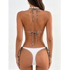 image:imageMakeMeChic Womens Halter Triangle Thong Bikini Sets Solid Cheetah Print Swimsuit Bathing SuitWhite