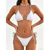 image:imageMakeMeChic Womens Halter Triangle Thong Bikini Sets Solid Cheetah Print Swimsuit Bathing SuitWhite