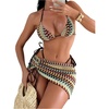 image:imageMakeMeChic Womens 3 Piece Swimsuits Striped Halter Triangle Thong Bikini Sets with Cover Up Skirt