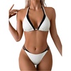 image:imageMakeMeChic Womens Double Layer Triangle Thong Bikini Sets Halter High Leg Swimsuit Bathing SuitWhite Black