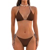 image:imageMakeMeChic Womens Halter Triangle Thong Bikini Sets Solid Cheetah Print Swimsuit Bathing SuitBrown