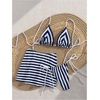 image:imageMakeMeChic Womens 3 Piece Summer Swimsuit Striped Micro Mini Bikini Set with Beach Cover Up SkirtBlue and White