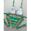 image:imageMakeMeChic Womens Striped Tie Dye Bikini Sets Halter Triangle Tie Side 2 Piece SwimsuitsGreen