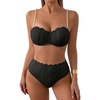 image:imageMakeMeChic Womens High Waisted Bikini Sets Textured Beaded Scallop Trim Triangle Bathing Suit SwimsuitBlack Solid