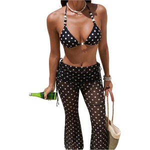 image:imageMakeMeChic Womens 3 Piece Polka Dots Bikini Sets Halter Triangle Pearl Thong Swimsuit with Cover Up PantsBlack