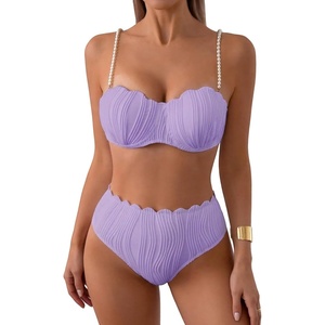 image:imageMakeMeChic Womens High Waisted Bikini Sets Textured Beaded Scallop Trim Triangle Bathing Suit SwimsuitMauve Purple