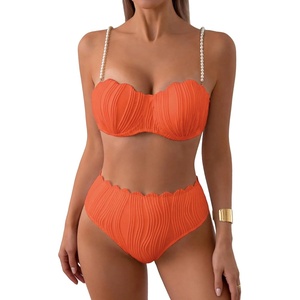 image:imageMakeMeChic Womens High Waisted Bikini Sets Textured Beaded Scallop Trim Triangle Bathing Suit SwimsuitOrange