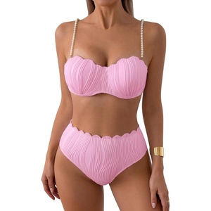 image:imageMakeMeChic Womens High Waisted Bikini Sets Textured Beaded Scallop Trim Triangle Bathing Suit SwimsuitPink