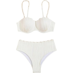image:imageMakeMeChic Womens High Waisted Bikini Sets Textured Beaded Scallop Trim Triangle Bathing Suit SwimsuitWhite