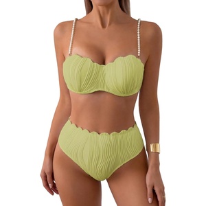 image:imageMakeMeChic Womens High Waisted Bikini Sets Textured Beaded Scallop Trim Triangle Bathing Suit SwimsuitYellow