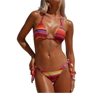 image:imageMakeMeChic Womens Striped Tie Dye Bikini Sets Halter Triangle Tie Side 2 Piece SwimsuitsOrange