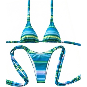 image:imageMakeMeChic Womens Striped Tie Dye Bikini Sets Halter Triangle Tie Side 2 Piece SwimsuitsTeal Blue