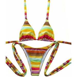 image:imageMakeMeChic Womens Striped Tie Dye Bikini Sets Halter Triangle Tie Side 2 Piece SwimsuitsYellow
