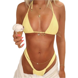 image:imageMakeMeChic Womens Triangle Thong Bikini Sets Halter String High Cut Micro Swimsuit Bathing SuitYellow Solid