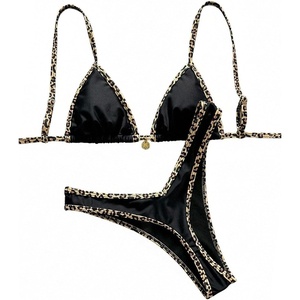 image:imageMakeMeChic Womens Tropical Boho Triangle Thong Bikini Sets Zebra Cheetah Bathing Suit SwimsuitsBlack Leopard
