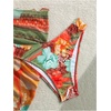 image:imageMakeMeChic Womens 3 Piece Bikini Sets Floral Halter Swimsuit Bathing Suit with Cover Up SkirtOrange Multicolor