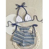 image:imageMakeMeChic Womens 3 Piece Striped Bikini Sets Halter Triangle Bathing Suit Swim Shorts SwimsuitBlue