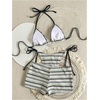 image:imageMakeMeChic Womens 3 Piece Striped Bikini Sets Halter Triangle Bathing Suit Swim Shorts SwimsuitGrey