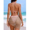 image:imageMakeMeChic Womens 3 Piece Swimsuits Sequin Sparkly Halter Triangle Bathing Suit with Cover Up SkirtLight Pink
