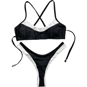 image:imageMAKEMECHIC Womens 2 Piece Summer Swimsuit Color Block Criss Cross High Cut Cheeky Beach Micro Bikini SetsBlack and White