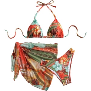 image:imageMakeMeChic Womens 3 Piece Bikini Sets Floral Halter Swimsuit Bathing Suit with Cover Up SkirtOrange Multicolor