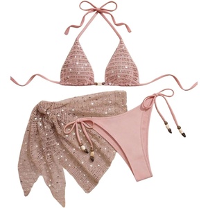 image:imageMakeMeChic Womens 3 Piece Swimsuits Sequin Sparkly Halter Triangle Bathing Suit with Cover Up SkirtLight Pink
