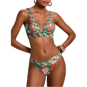 image:imageMakeMeChic Womens Floral Bikini Sets Triangle V Neck High Cut Boho 2 Piece SwimsuitGreen