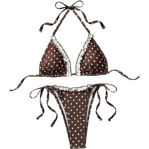 image:imageMakeMeChic Womens Polka Dots Triangle Bikini Sets Halter Tie Side Thong Bathing SuitBrown