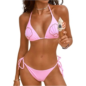 image:imageMakeMeChic Womens Triangle Bikini Sets Halter Seashell Pearls Tie Side Thong SwimsuitsPink