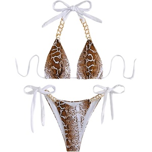 image:imageMakeMeChic Womens Triangle Bikini Swim Sets Snakeskin Print Halter Tie Back Thong 2 Piece SwimsuitBrown