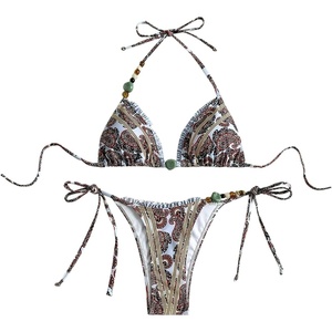 image:imageMakeMeChic Womens Two Piece Swimsuit String Thong Polka Dots Triangle Halter High Rise Paisley Beaded BikiniMulticolor