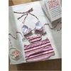 image:imageMakeMeChic Womens 3 Piece Striped Bathing Suit Triangle Thong High Cut Bikini Sets with Cover Up Skirt Cute SwimsuitsPink