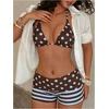 image:imageMakeMeChic Womens Bikini with Shorts Boyshort Bikini Set Halter Tie Backless Y2K Cute SwimsuitsBlue and Brown