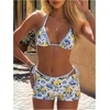 image:imageMakeMeChic Womens Bikini with Shorts Boyshort Bikini Set Halter Tie Backless Y2K Cute SwimsuitsBlue and White
