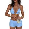 image:imageMakeMeChic Womens Bikini with Shorts Boyshort Bikini Set Halter Tie Backless Y2K Cute SwimsuitsLight Blue