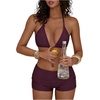 image:imageMakeMeChic Womens Bikini with Shorts Boyshort Bikini Set Halter Tie Backless Y2K Cute SwimsuitsPurple