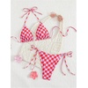 image:imageMakeMeChic Womens Floral Sequin Colorful Striped Triangle Thong Bikini Sets Halter String Swimsuit Bathing SuitPlaid Red White