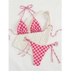 image:imageMakeMeChic Womens Floral Sequin Colorful Striped Triangle Thong Bikini Sets Halter String Swimsuit Bathing SuitPlaid Red White