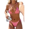 image:imageMakeMeChic Womens Floral Sequin Colorful Striped Triangle Thong Bikini Sets Halter String Swimsuit Bathing SuitPlaid Red White