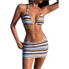 image:imageMakeMeChic Womens 3 Piece Striped Bathing Suit Triangle Thong High Cut Bikini Sets with Cover Up Skirt Cute SwimsuitsBrown and Blue
