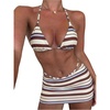 image:imageMakeMeChic Womens 3 Piece Striped Bathing Suit Triangle Thong High Cut Bikini Sets with Cover Up Skirt Cute SwimsuitsLight Yellow