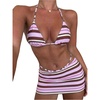 image:imageMakeMeChic Womens 3 Piece Striped Bathing Suit Triangle Thong High Cut Bikini Sets with Cover Up Skirt Cute SwimsuitsPink