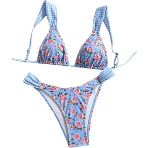 image:imageMAKEMECHIC Womens Floral Bikini Set Plaid Triangle High Cut 2 Piece Bathing SuitMulticolor