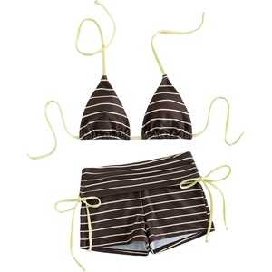image:imageMakeMeChic Womens 2 Piece Bikini Sets Striped Halter Swimsuit Triangle Tie Back Boyshorts Bathing SuitChocolate Brown