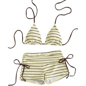 image:imageMakeMeChic Womens 2 Piece Bikini Sets Striped Halter Swimsuit Triangle Tie Back Boyshorts Bathing SuitLight Yellow