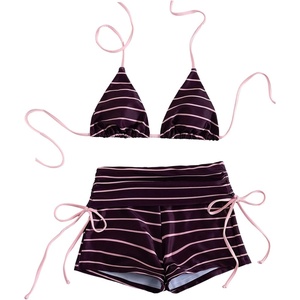 image:imageMakeMeChic Womens 2 Piece Bikini Sets Striped Halter Swimsuit Triangle Tie Back Boyshorts Bathing SuitMulticolor