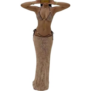 image:imageMakeMeChic Womens 3 Piece Bikini Sets Halter Crochet Beaded Triangle Swimsuit with Cover Up SkirtBrown