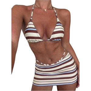 image:imageMakeMeChic Womens 3 Piece Striped Bathing Suit Triangle Thong High Cut Bikini Sets with Cover Up Skirt Cute SwimsuitsLight Yellow
