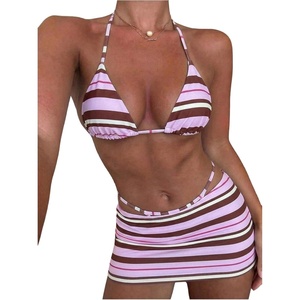 image:imageMakeMeChic Womens 3 Piece Striped Bathing Suit Triangle Thong High Cut Bikini Sets with Cover Up Skirt Cute SwimsuitsPink