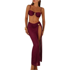 image:imageMakeMeChic Womens 3 Piece Swimsuits Summer Ruched Backless Cheeky Beach Bikini Set with Cover Up SkirtBurgundy